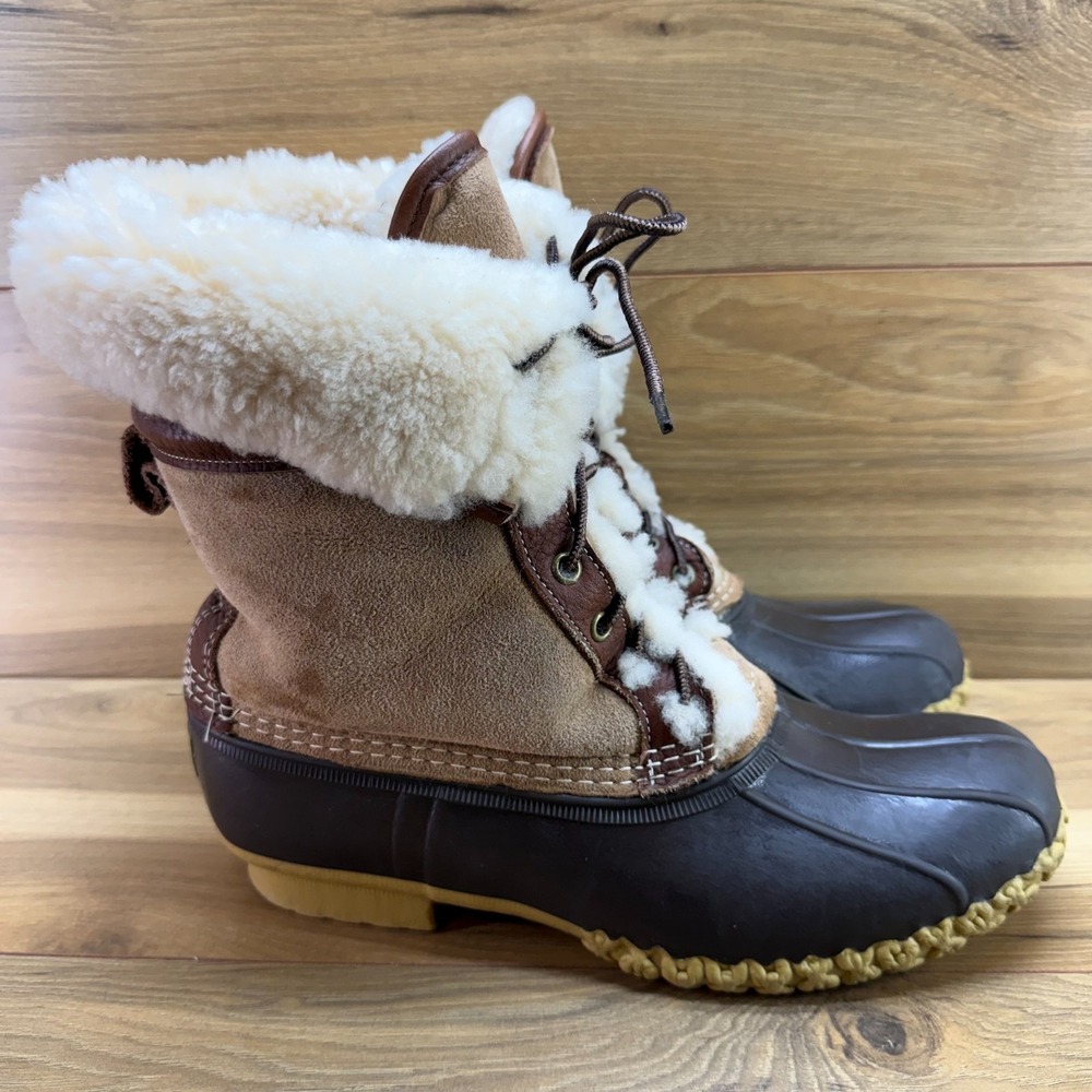 LL BEAN Wicked Good Bean Boots Womens 11 M Tan Brown Shearling Fur Lined Duck